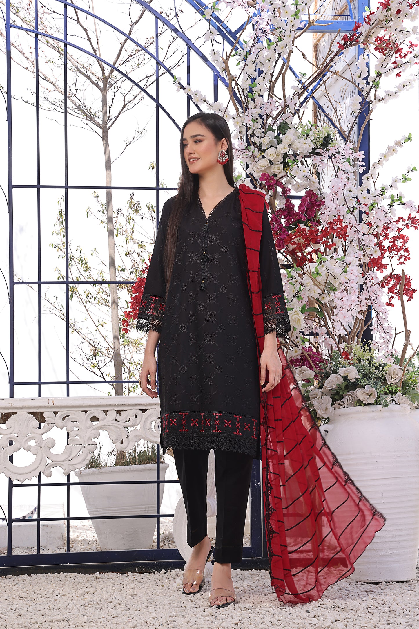 Jet Black Eyelet Kurta with Red Trim & Plaid Dupatta