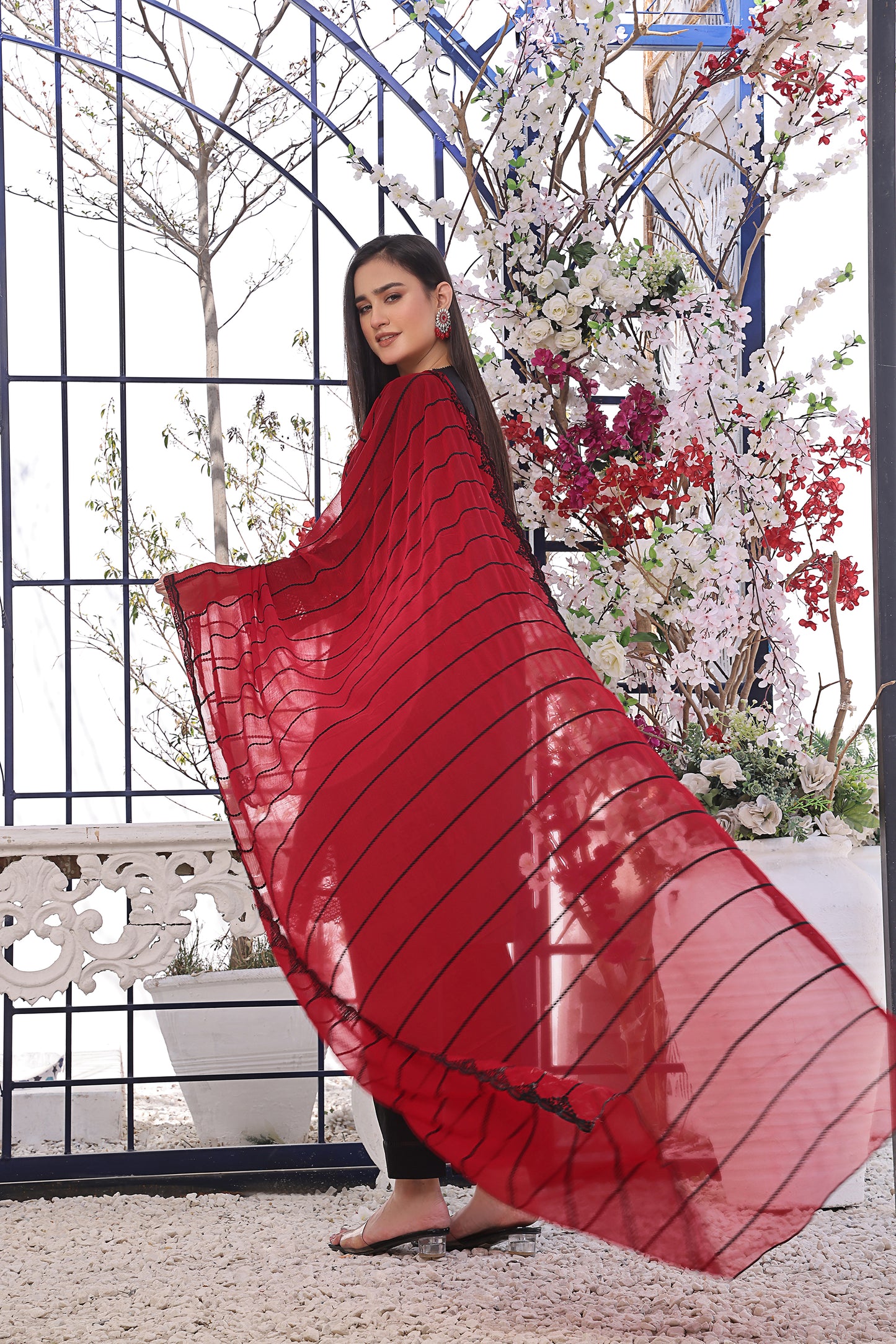 Jet Black Eyelet Kurta with Red Trim & Plaid Dupatta