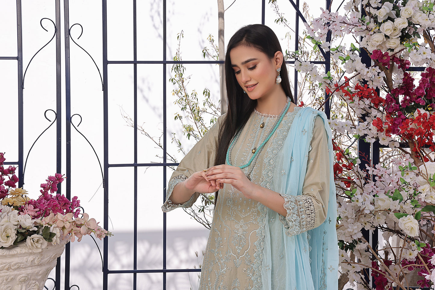 Stone Beige Embroidered Suit