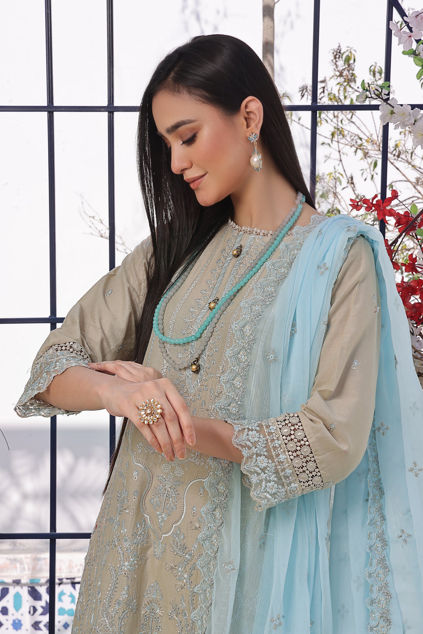 Stone Beige Embroidered Suit