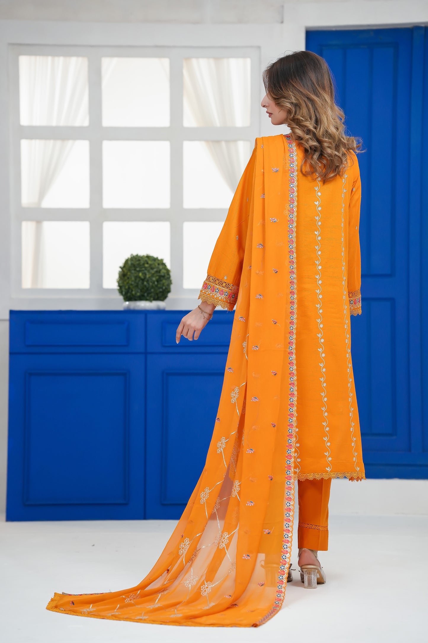 Radiant Orange Embroidered Three-Piece Suit