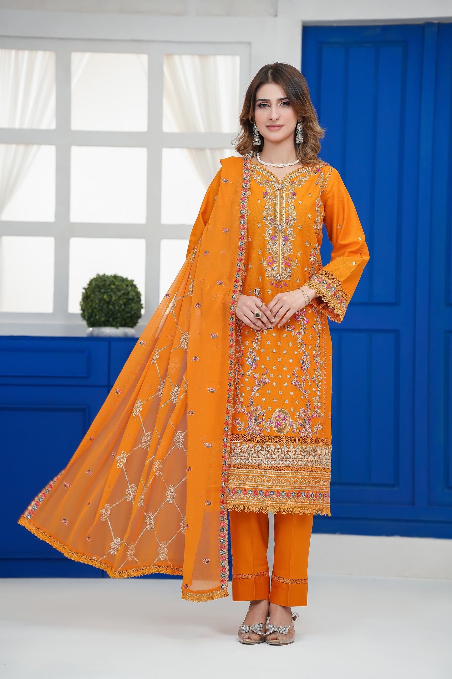 Radiant Orange Embroidered Three-Piece Suit