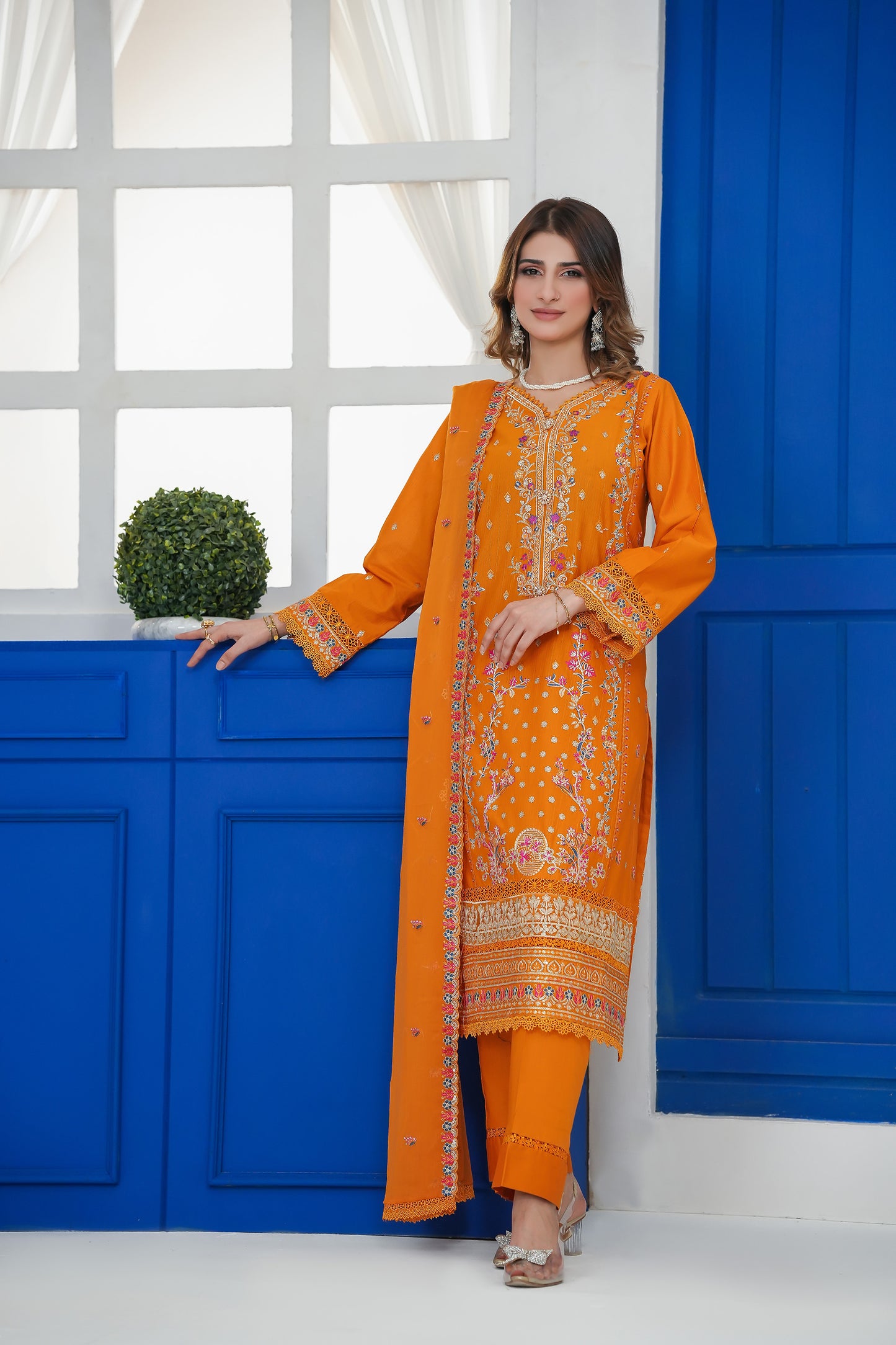 Radiant Orange Embroidered Three-Piece Suit