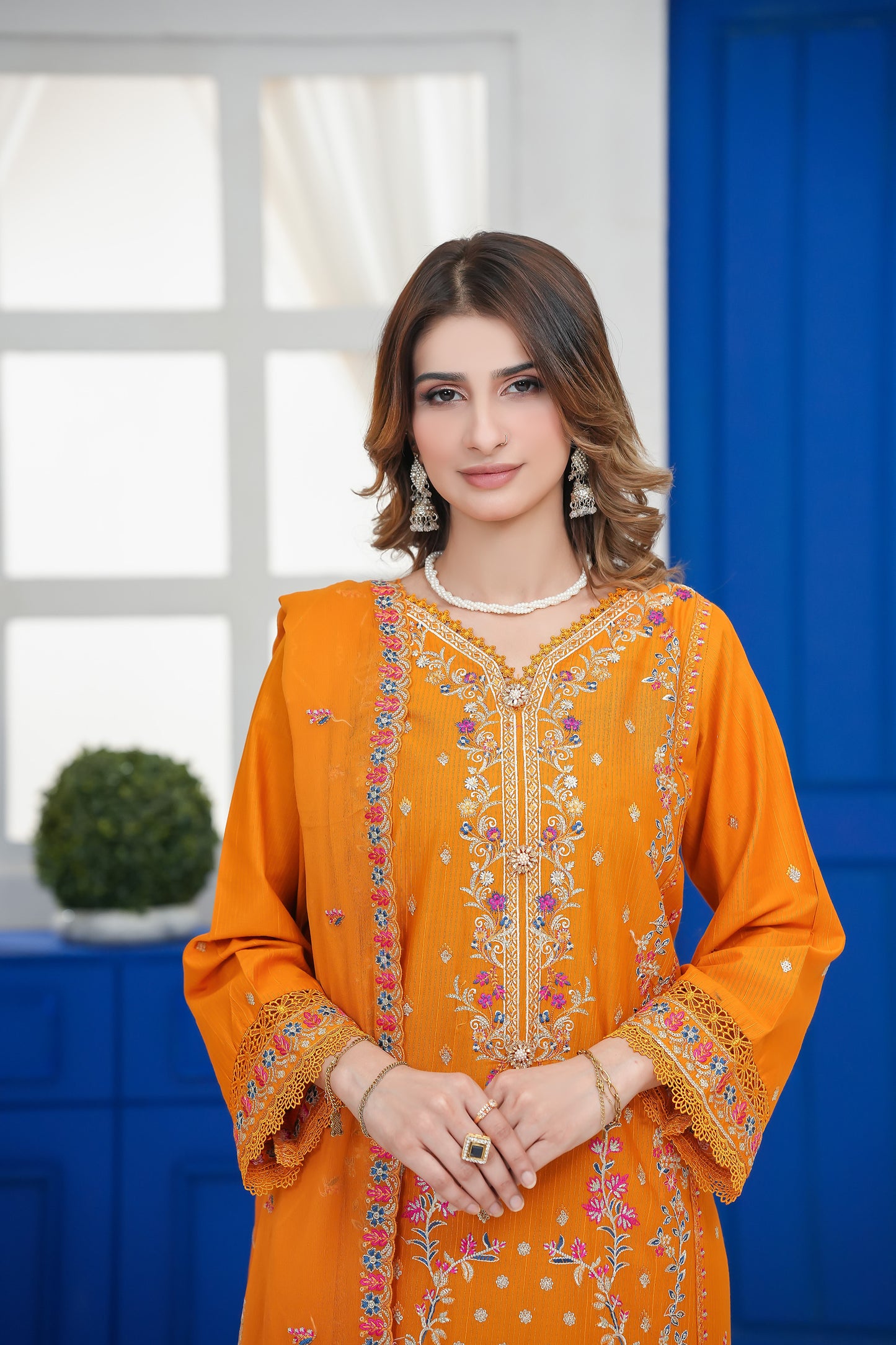 Radiant Orange Embroidered Three-Piece Suit