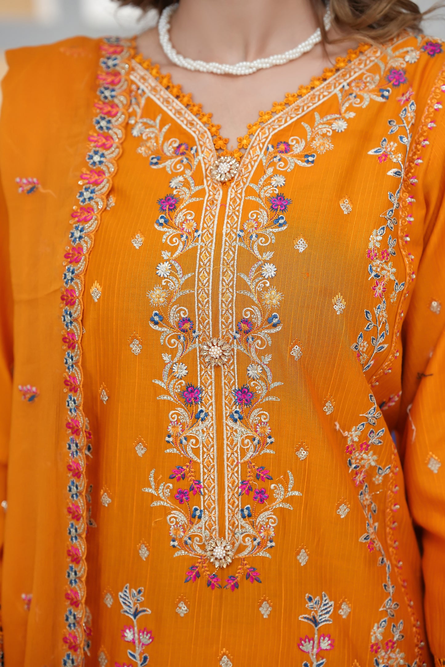 Radiant Orange Embroidered Three-Piece Suit