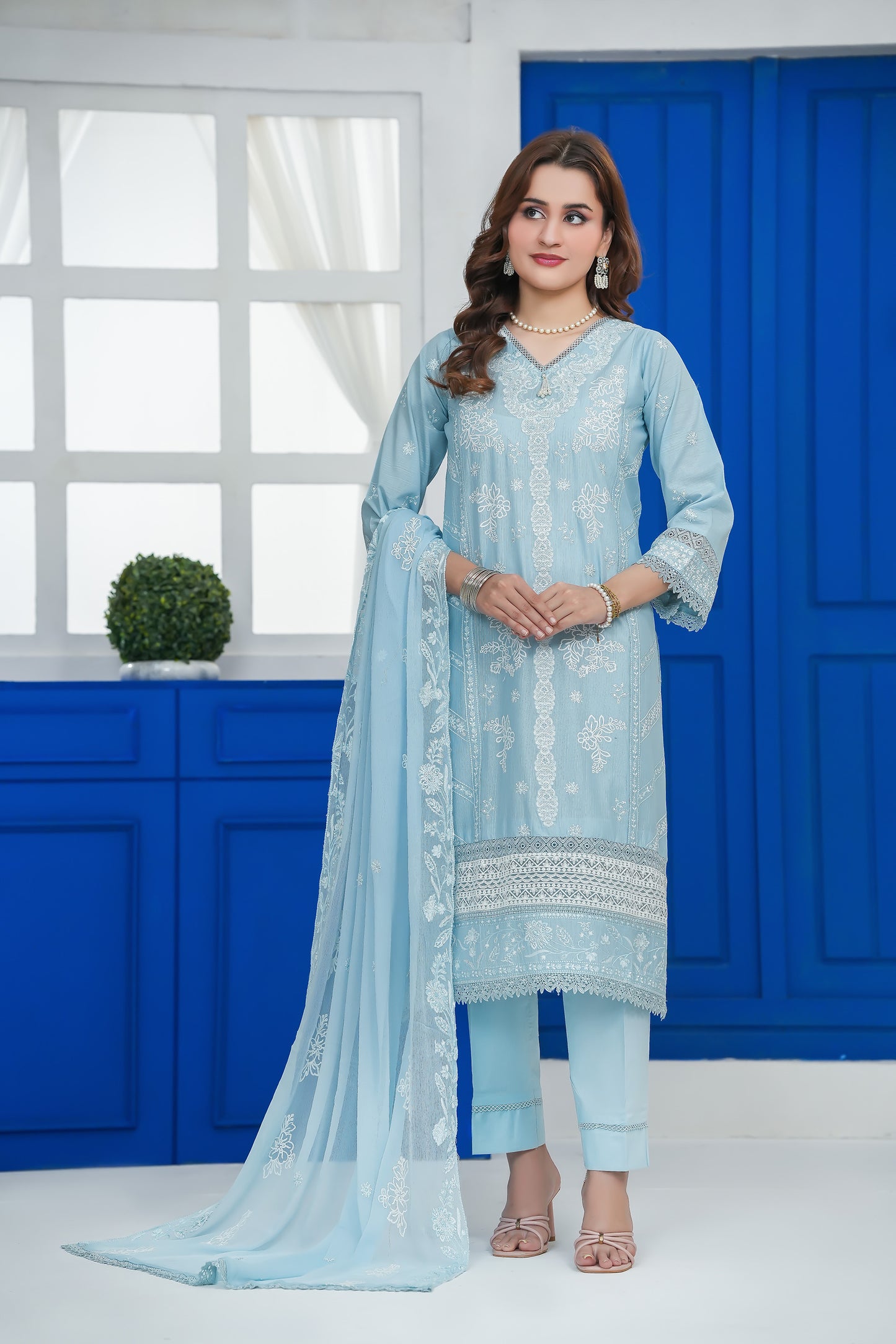 Azure Blue White-on-Blue Embroidery