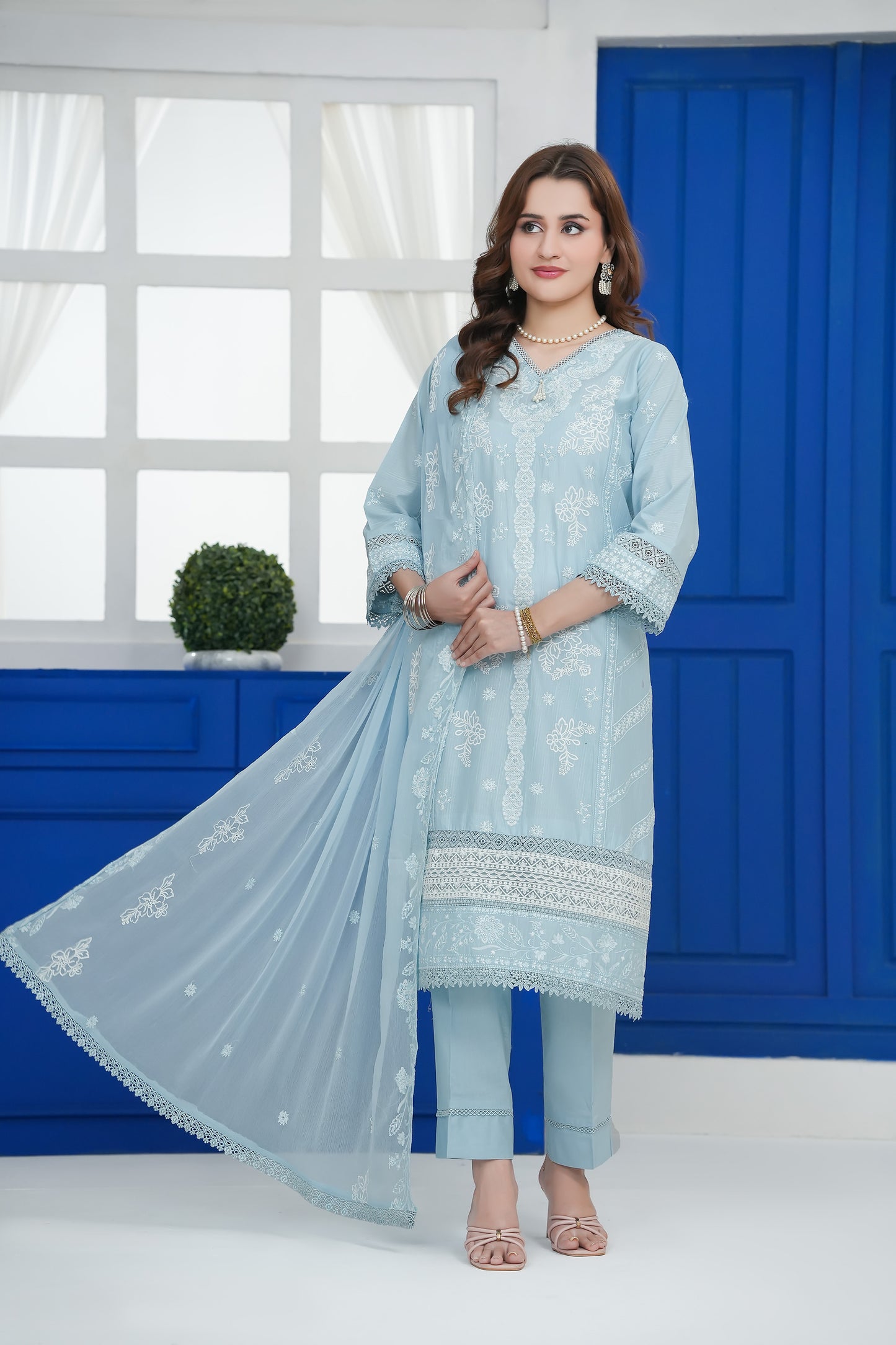 Azure Blue White-on-Blue Embroidery